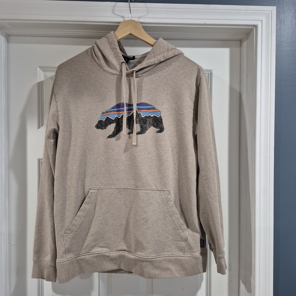 Patagonia Hoodie Mens Medium Tan Fitz Roy Bear Midweight Organic‎ Cotton Stretch